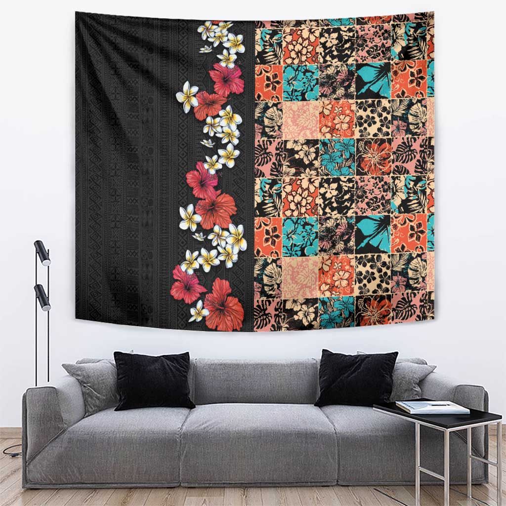 Hawaiian Hibiscus and Tropical Leaves Tapestry Patchwork Grunge Abstract Vintage Style LT03 Black - Polynesian Pride