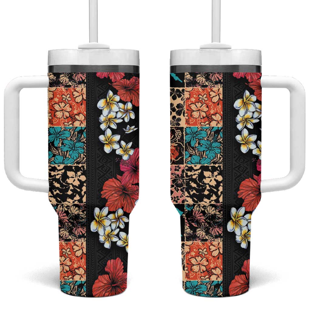 Hawaiian Hibiscus and Tropical Leaves Tumbler With Handle Patchwork Grunge Abstract Vintage Style LT03 One Size: 40 oz Black - Polynesian Pride