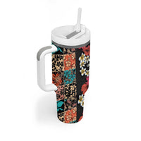 Hawaiian Hibiscus and Tropical Leaves Tumbler With Handle Patchwork Grunge Abstract Vintage Style LT03 - Polynesian Pride