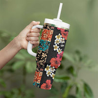 Hawaiian Hibiscus and Tropical Leaves Tumbler With Handle Patchwork Grunge Abstract Vintage Style LT03 - Polynesian Pride