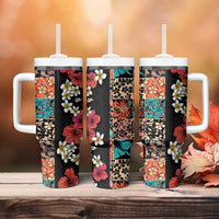 Hawaiian Hibiscus and Tropical Leaves Tumbler With Handle Patchwork Grunge Abstract Vintage Style LT03 - Polynesian Pride