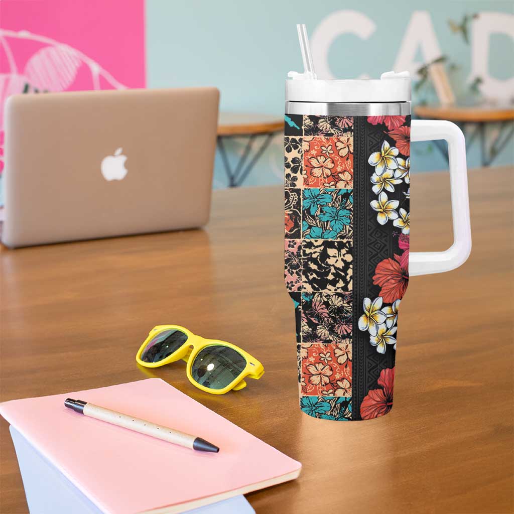 Hawaiian Hibiscus and Tropical Leaves Tumbler With Handle Patchwork Grunge Abstract Vintage Style LT03 - Polynesian Pride