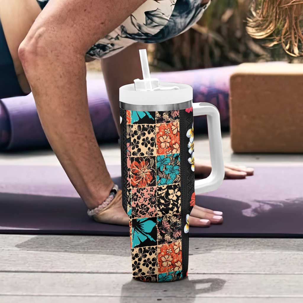 Hawaiian Hibiscus and Tropical Leaves Tumbler With Handle Patchwork Grunge Abstract Vintage Style LT03 - Polynesian Pride