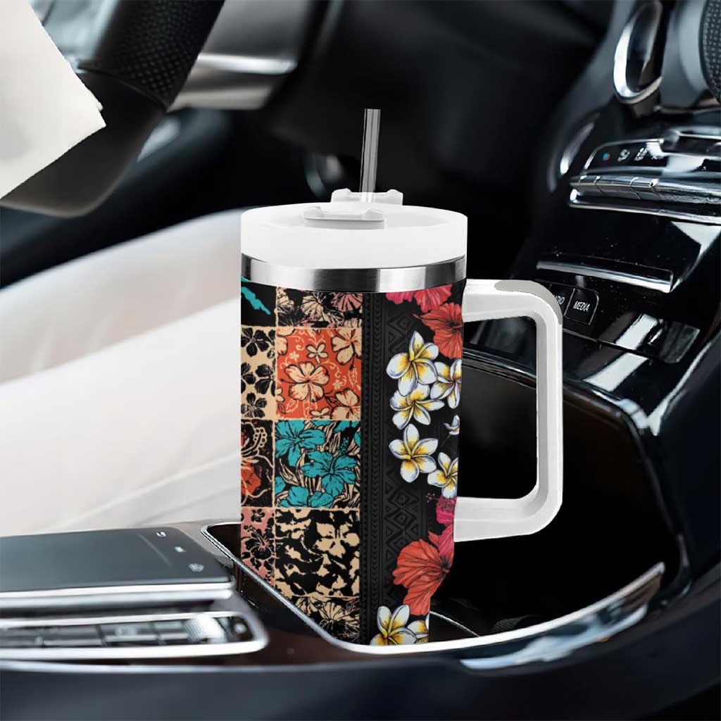 Hawaiian Hibiscus and Tropical Leaves Tumbler With Handle Patchwork Grunge Abstract Vintage Style LT03 - Polynesian Pride