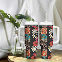 Hawaiian Hibiscus and Tropical Leaves Tumbler With Handle Patchwork Grunge Abstract Vintage Style LT03 - Polynesian Pride