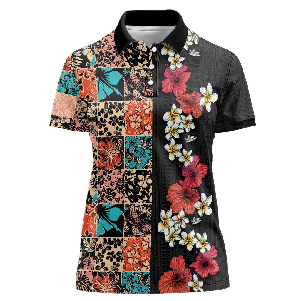Hawaiian Hibiscus and Tropical Leaves Women Polo Shirt Patchwork Grunge Abstract Vintage Style LT03 Female Black - Polynesian Pride
