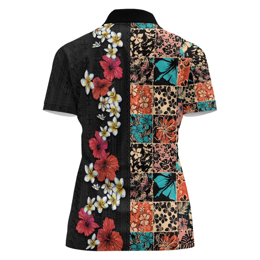Hawaiian Hibiscus and Tropical Leaves Women Polo Shirt Patchwork Grunge Abstract Vintage Style LT03 - Polynesian Pride