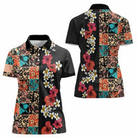 Hawaiian Hibiscus and Tropical Leaves Women Polo Shirt Patchwork Grunge Abstract Vintage Style LT03 - Polynesian Pride