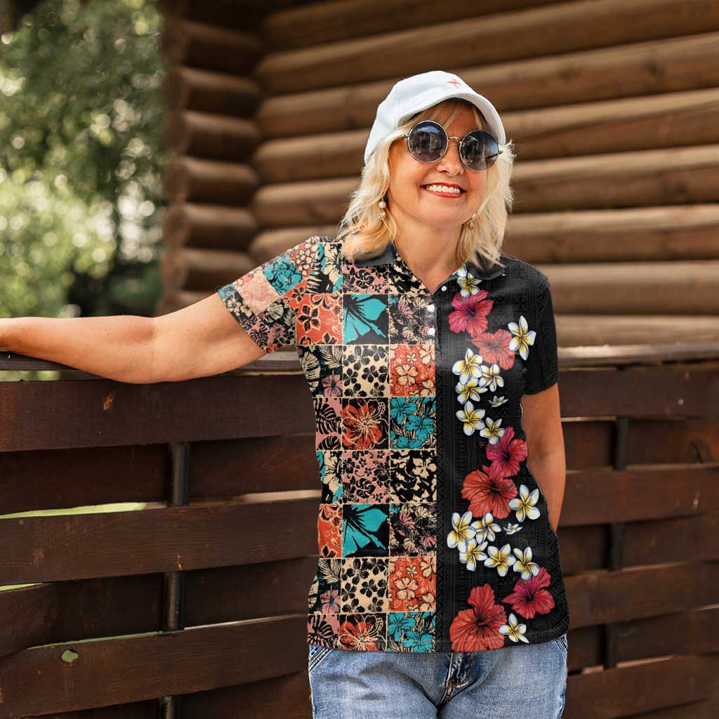 Hawaiian Hibiscus and Tropical Leaves Women Polo Shirt Patchwork Grunge Abstract Vintage Style LT03 - Polynesian Pride