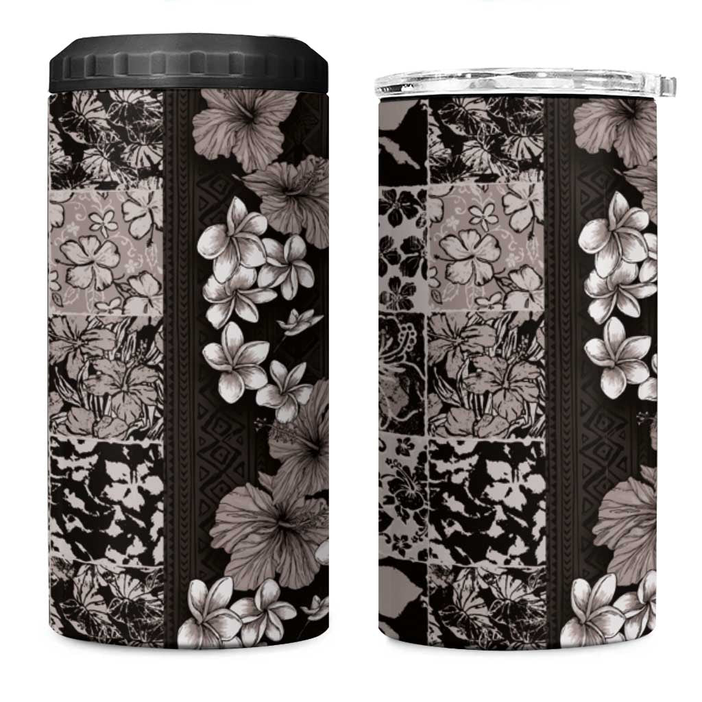 Hawaiian Hibiscus and Tropical Leaves 4 in 1 Can Cooler Tumbler Patchwork Grunge Abstract Vintage Style Grayscale Color LT03 One Size: 16 oz Black - Polynesian Pride