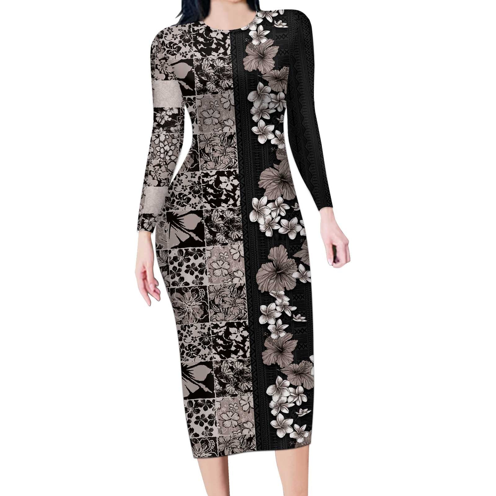 Hawaiian Hibiscus and Tropical Leaves Long Sleeve Bodycon Dress Patchwork Grunge Abstract Vintage Style Grayscale Color LT03 Long Dress Black - Polynesian Pride