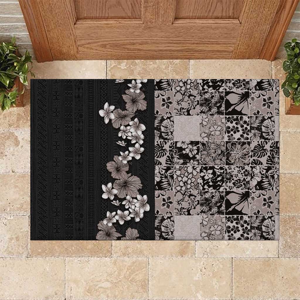 Hawaiian Hibiscus and Tropical Leaves Rubber Doormat Patchwork Grunge Abstract Vintage Style Grayscale Color LT03 Black - Polynesian Pride
