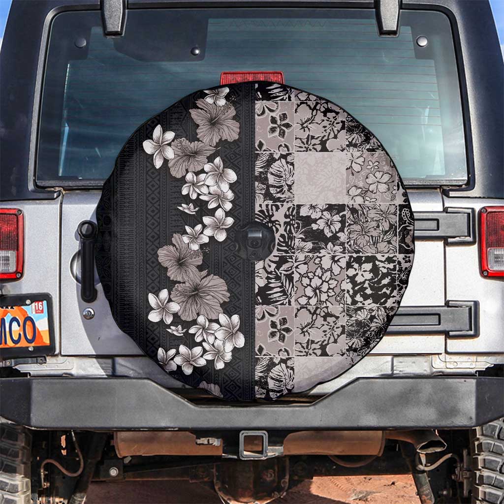 Hawaiian Hibiscus and Tropical Leaves Spare Tire Cover Patchwork Grunge Abstract Vintage Style Grayscale Color LT03 Black - Polynesian Pride