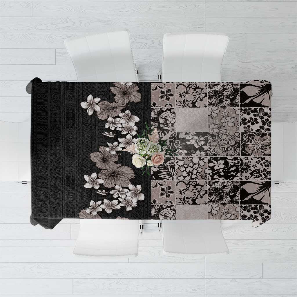 Hawaiian Hibiscus and Tropical Leaves Tablecloth Patchwork Grunge Abstract Vintage Style Grayscale Color