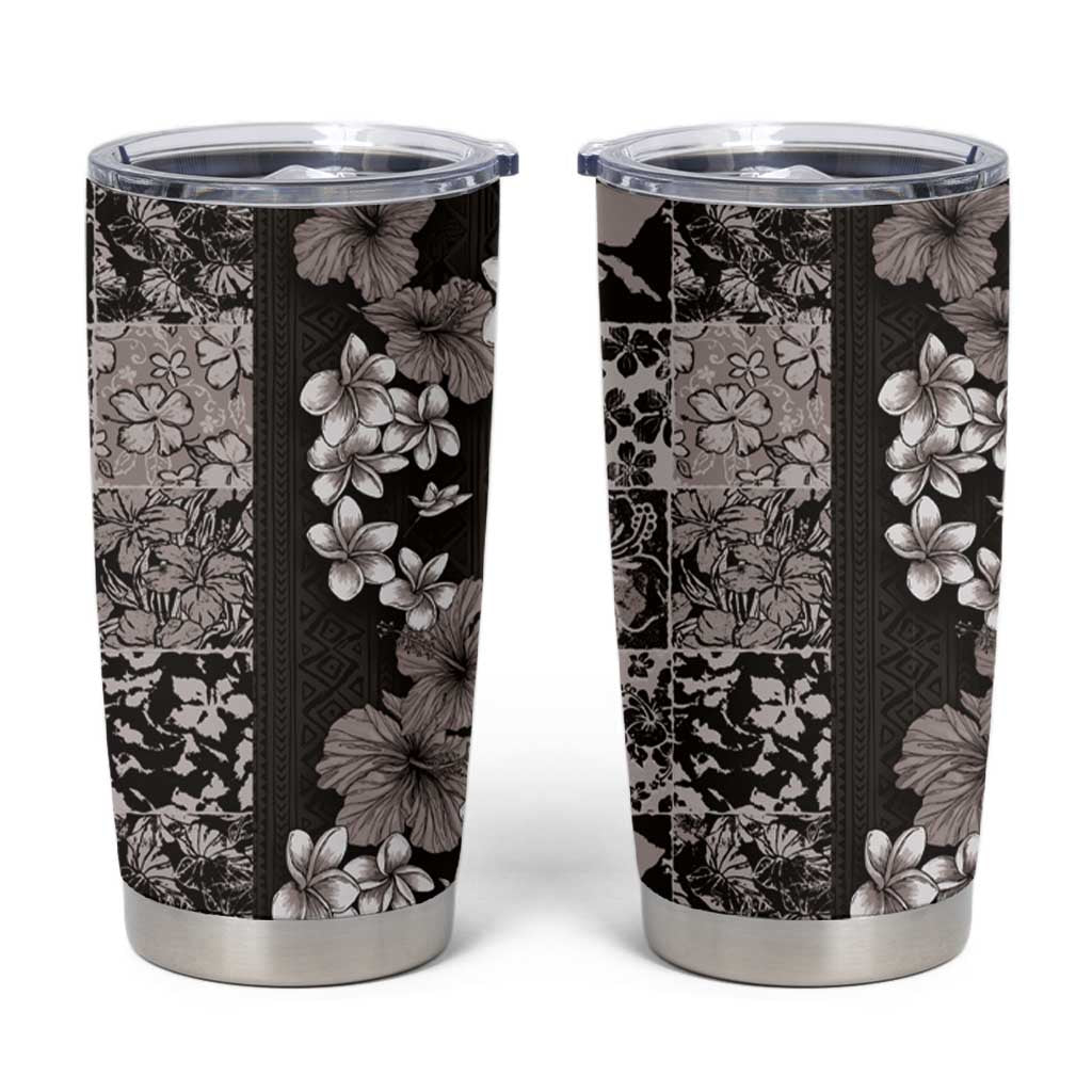 Hawaiian Hibiscus and Tropical Leaves Tumbler Cup Patchwork Grunge Abstract Vintage Style Grayscale Color LT03 Black - Polynesian Pride