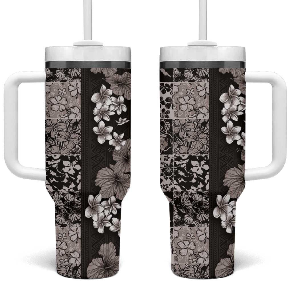 Hawaiian Hibiscus and Tropical Leaves Tumbler With Handle Patchwork Grunge Abstract Vintage Style Grayscale Color LT03 One Size: 40 oz Black - Polynesian Pride
