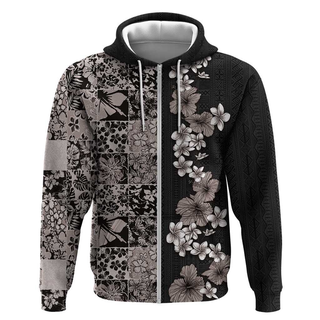 Hawaiian Hibiscus and Tropical Leaves Zip Hoodie Patchwork Grunge Abstract Vintage Style Grayscale Color LT03 Zip Hoodie Black - Polynesian Pride