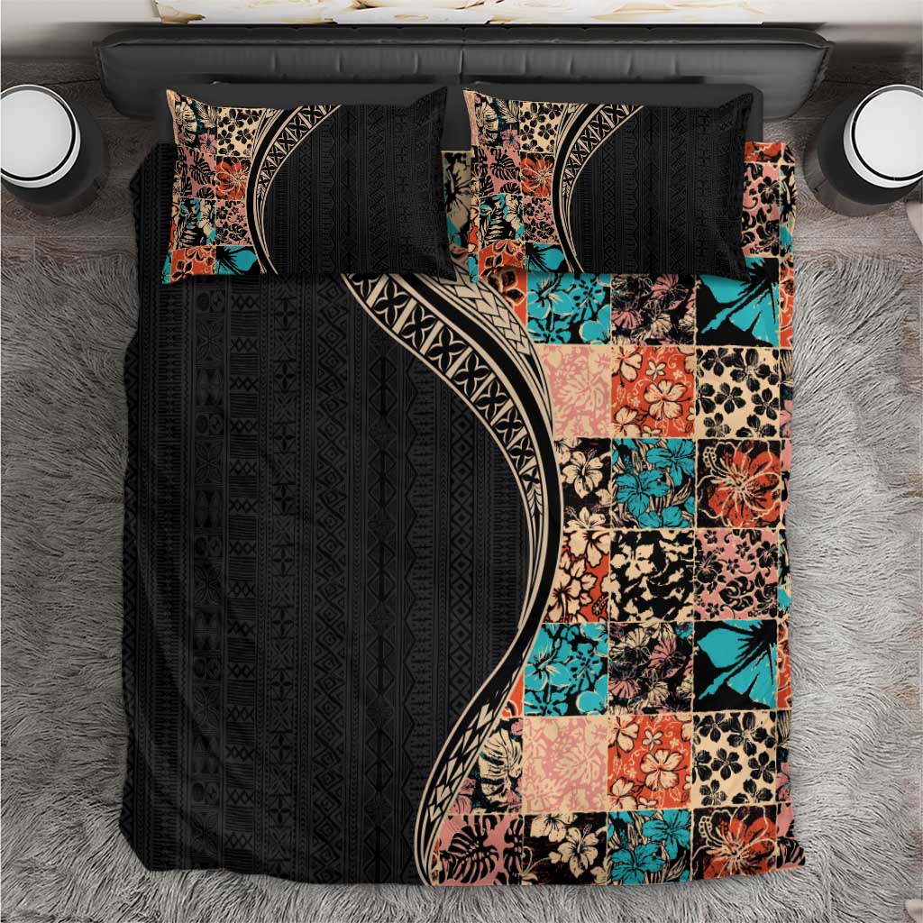 Hawaiian Hibiscus and Tropical Leaves Bedding Set Patchwork Grunge Abstract and Tapa Tribal Pattern Half Style LT03 Black - Polynesian Pride