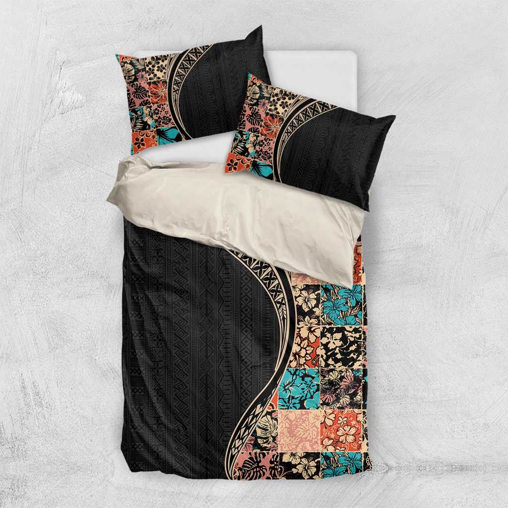 Hawaiian Hibiscus and Tropical Leaves Bedding Set Patchwork Grunge Abstract and Tapa Tribal Pattern Half Style LT03 US Twin 172cm x 218cm Black - Polynesian Pride
