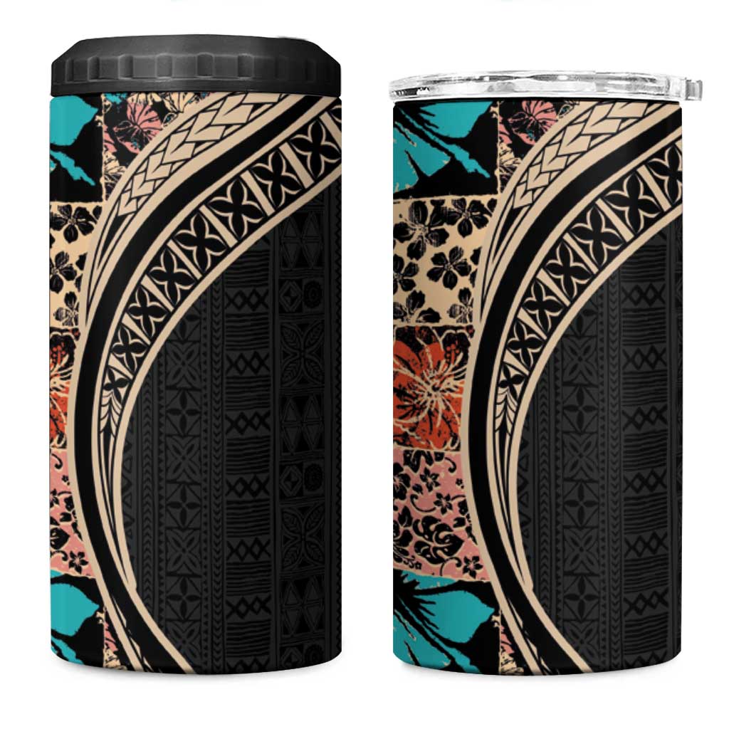 Hawaiian Hibiscus and Tropical Leaves 4 in 1 Can Cooler Tumbler Patchwork Grunge Abstract and Tapa Tribal Pattern Half Style LT03 One Size: 16 oz Black - Polynesian Pride