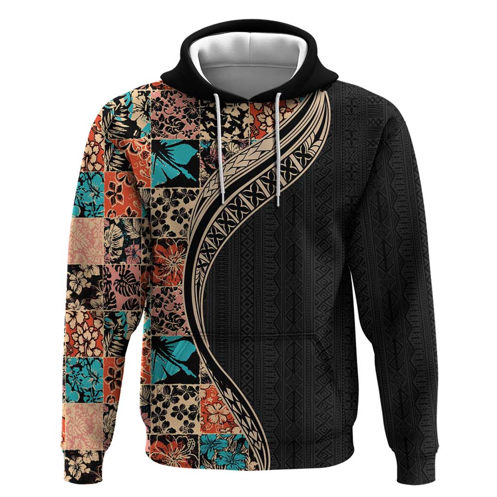 Hawaiian Hibiscus and Tropical Leaves Hoodie Patchwork Grunge Abstract and Tapa Tribal Pattern Half Style LT03 Pullover Hoodie Black - Polynesian Pride