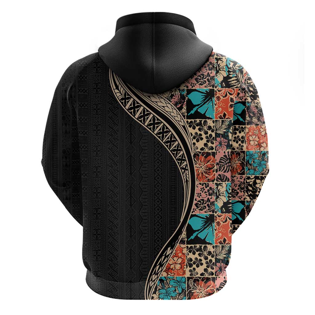 Hawaiian Hibiscus and Tropical Leaves Hoodie Patchwork Grunge Abstract and Tapa Tribal Pattern Half Style LT03 - Polynesian Pride