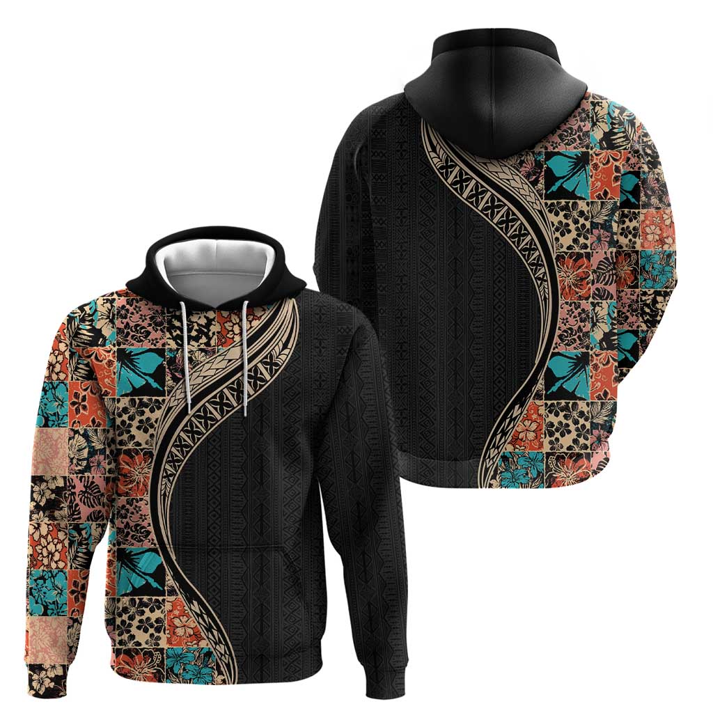 Hawaiian Hibiscus and Tropical Leaves Hoodie Patchwork Grunge Abstract and Tapa Tribal Pattern Half Style LT03 - Polynesian Pride