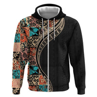 Hawaiian Hibiscus and Tropical Leaves Hoodie Patchwork Grunge Abstract and Tapa Tribal Pattern Half Style LT03 Zip Hoodie Black - Polynesian Pride