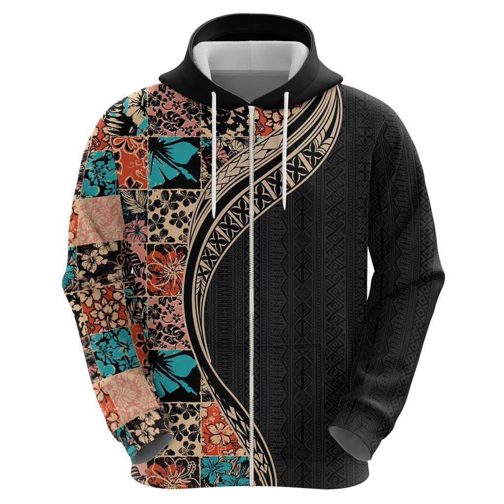 Hawaiian Hibiscus and Tropical Leaves Hoodie Patchwork Grunge Abstract and Tapa Tribal Pattern Half Style LT03 - Polynesian Pride