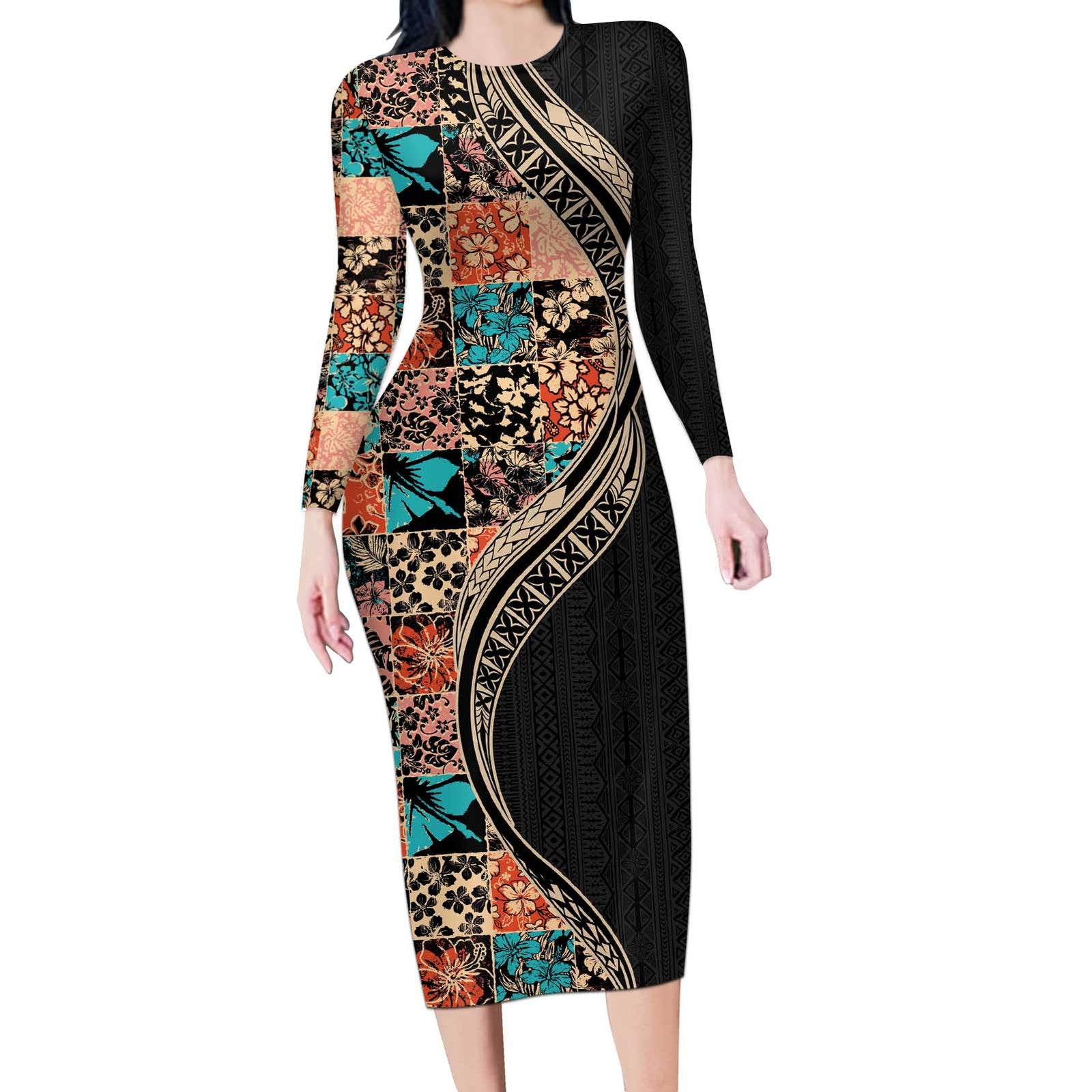Hawaiian Hibiscus and Tropical Leaves Long Sleeve Bodycon Dress Patchwork Grunge Abstract and Tapa Tribal Pattern Half Style LT03 Long Dress Black - Polynesian Pride