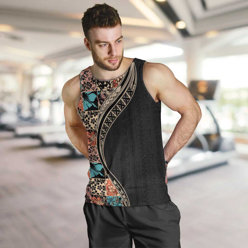 Hawaiian Hibiscus and Tropical Leaves Men Tank Top Patchwork Grunge Abstract and Tapa Tribal Pattern Half Style LT03 Black - Polynesian Pride
