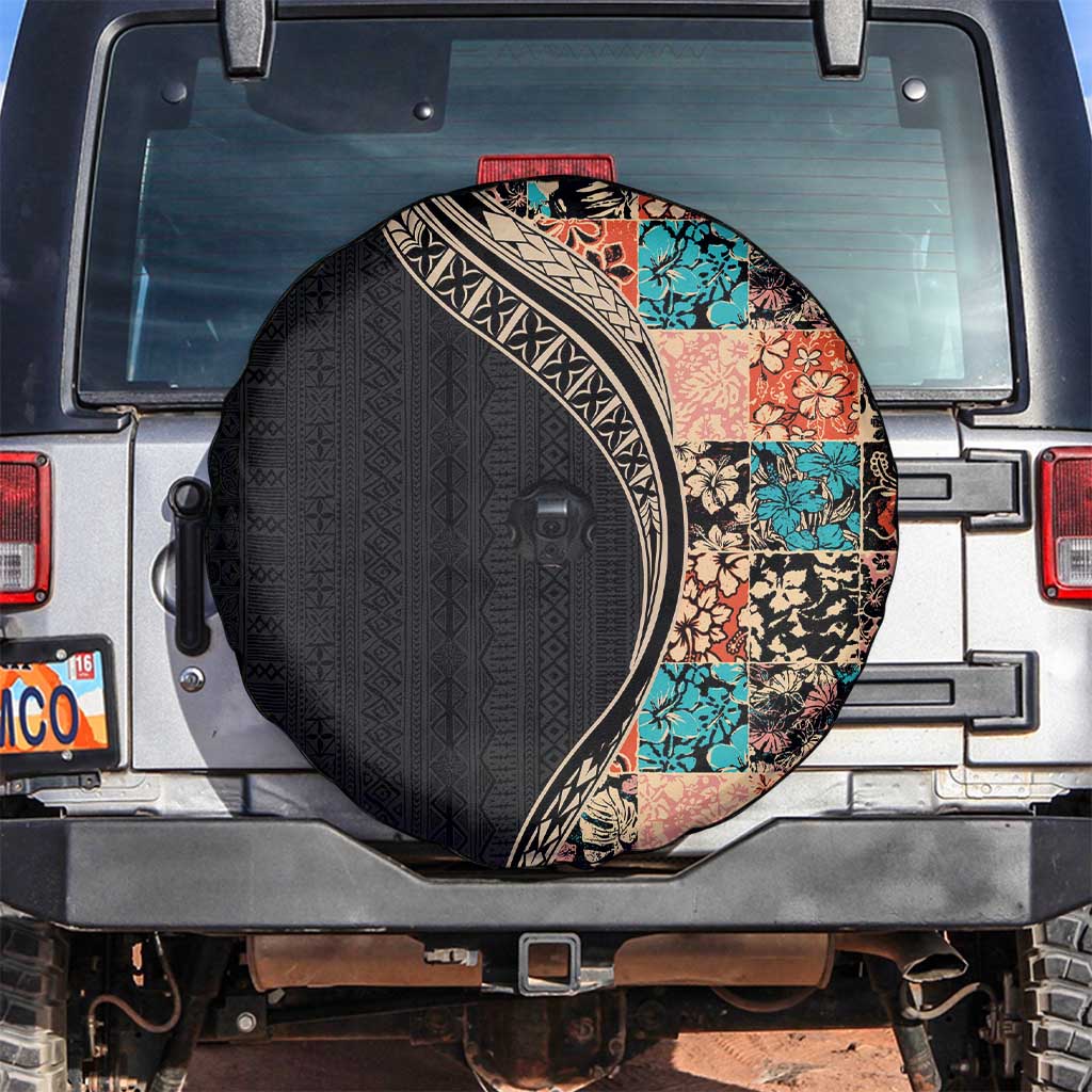 Hawaiian Hibiscus and Tropical Leaves Spare Tire Cover Patchwork Grunge Abstract and Tapa Tribal Pattern Half Style