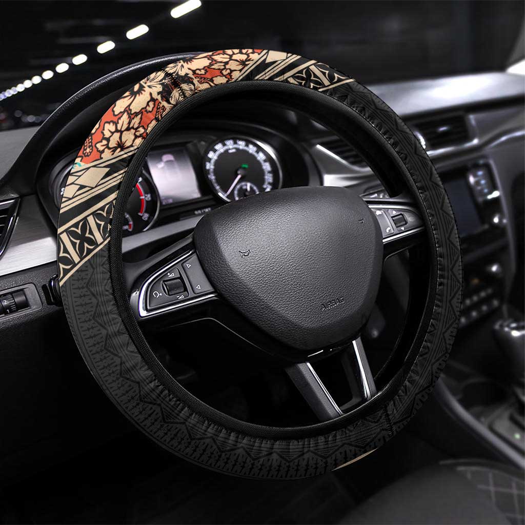 Hawaiian Hibiscus and Tropical Leaves Steering Wheel Cover Patchwork Grunge Abstract and Tapa Tribal Pattern Half Style