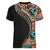 Hawaiian Hibiscus and Tropical Leaves Women V-Neck T-Shirt Patchwork Grunge Abstract and Tapa Tribal Pattern Half Style