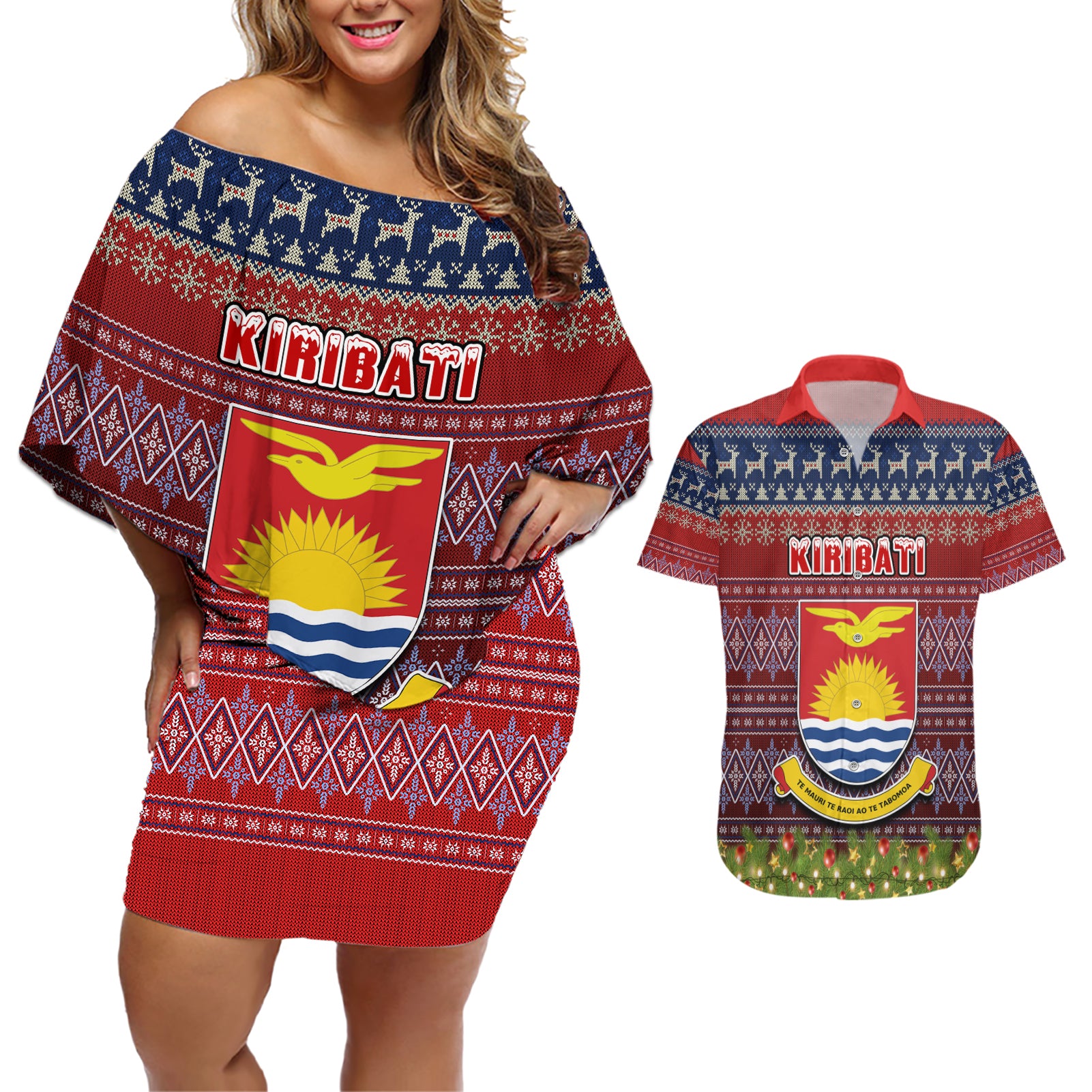 kiribati-christmas-couples-matching-off-shoulder-short-dress-and-hawaiian-shirt-coat-of-arms-and-map-beautiful-merry-xmas-snowflake