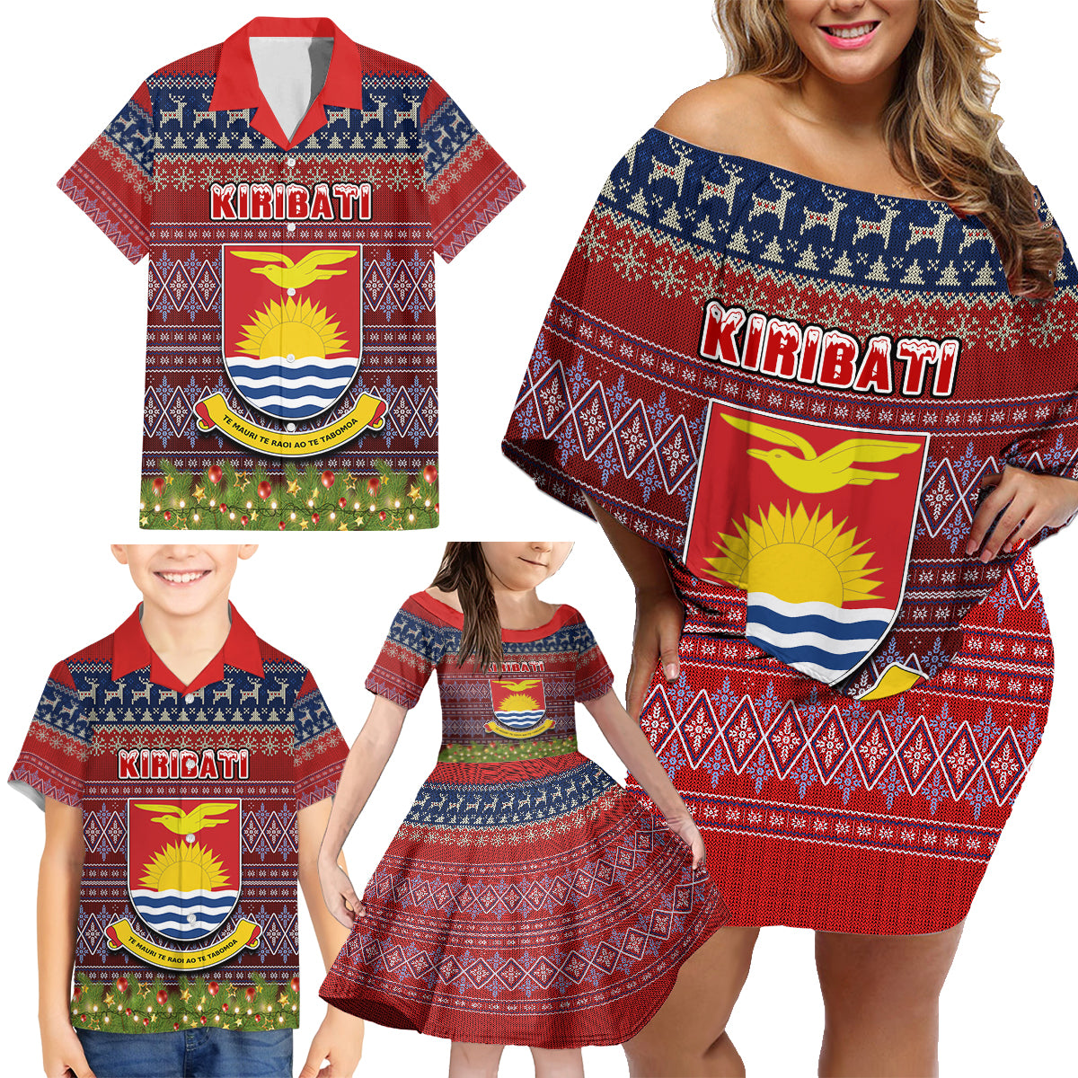 kiribati-christmas-family-matching-off-shoulder-short-dress-and-hawaiian-shirt-coat-of-arms-and-map-beautiful-merry-xmas-snowflake