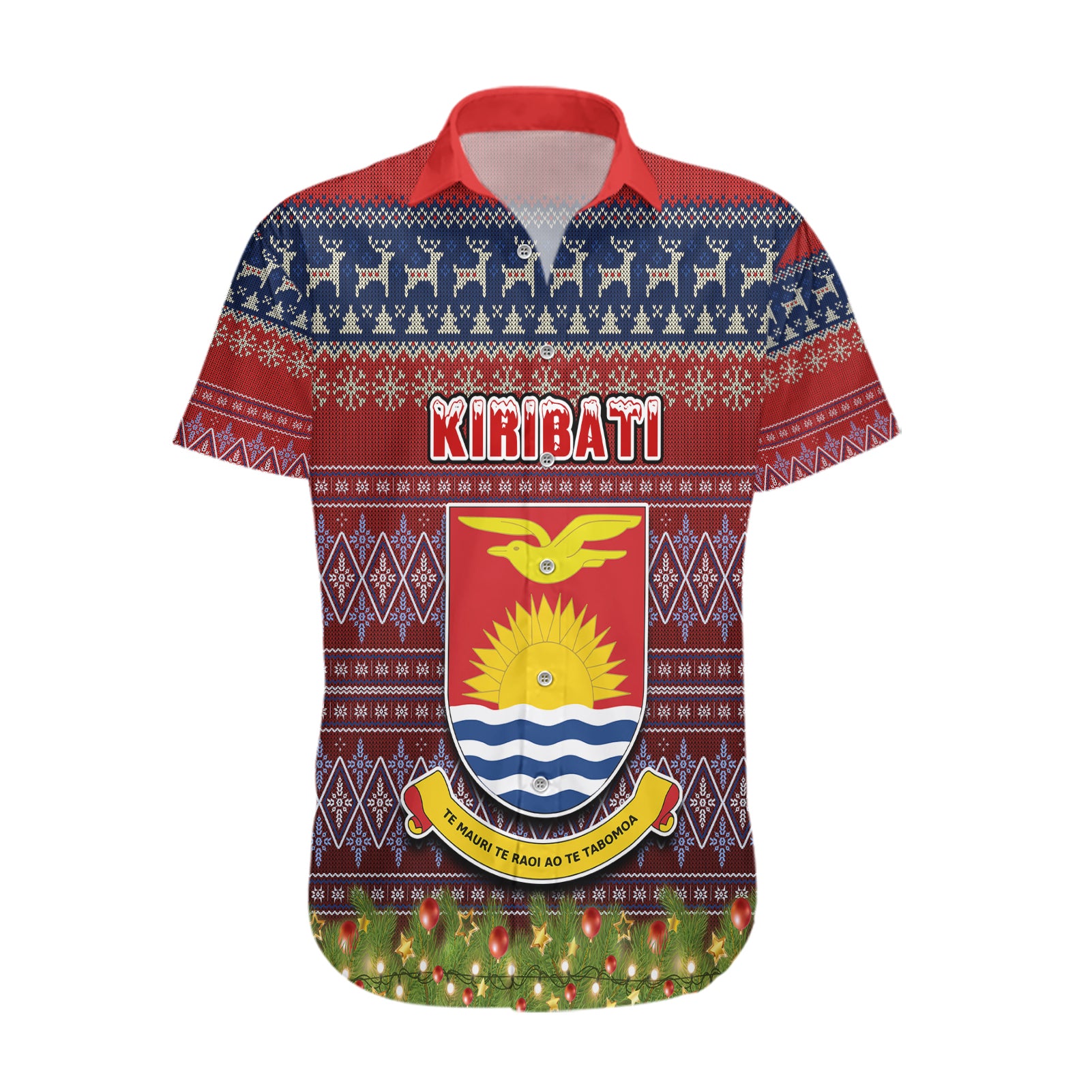 personalised-kiribati-christmas-hawaiian-shirt-coat-of-arms-and-map-beautiful-merry-xmas-snowflake