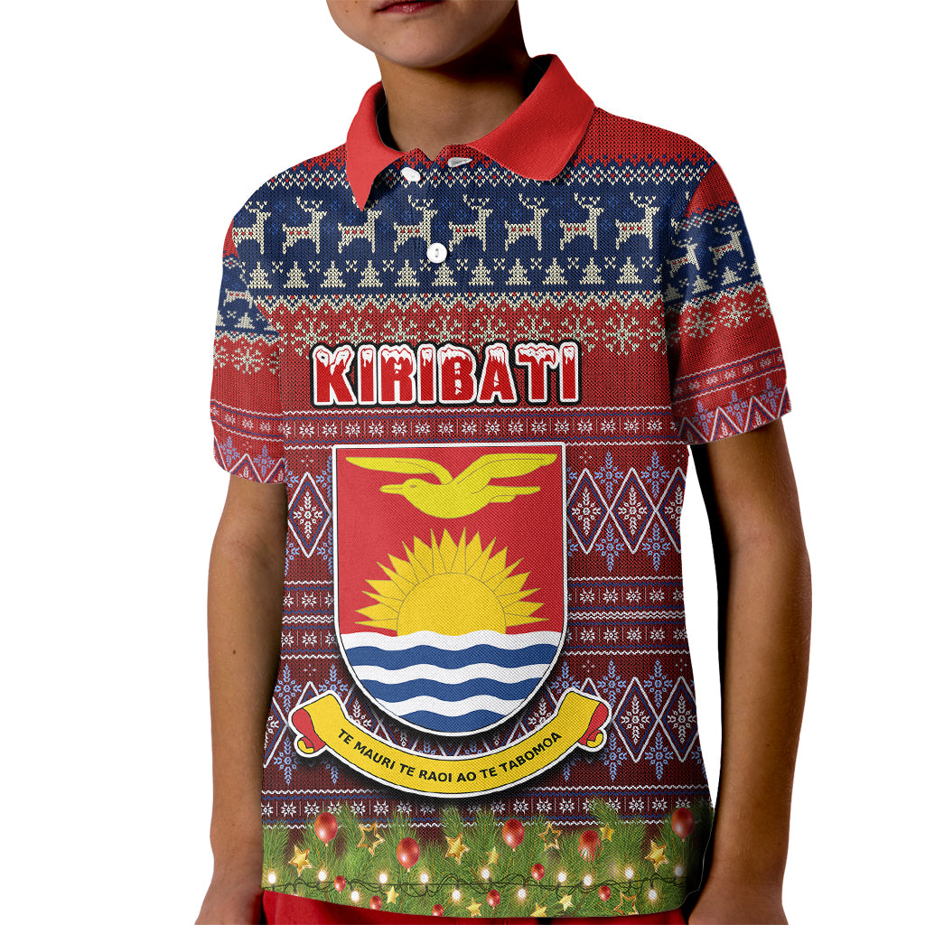 Personalised Kiribati Christmas Kid Polo Shirt Coat of Arms and Map Beautiful Merry Xmas Snowflake LT03 Kid Red - Polynesian Pride