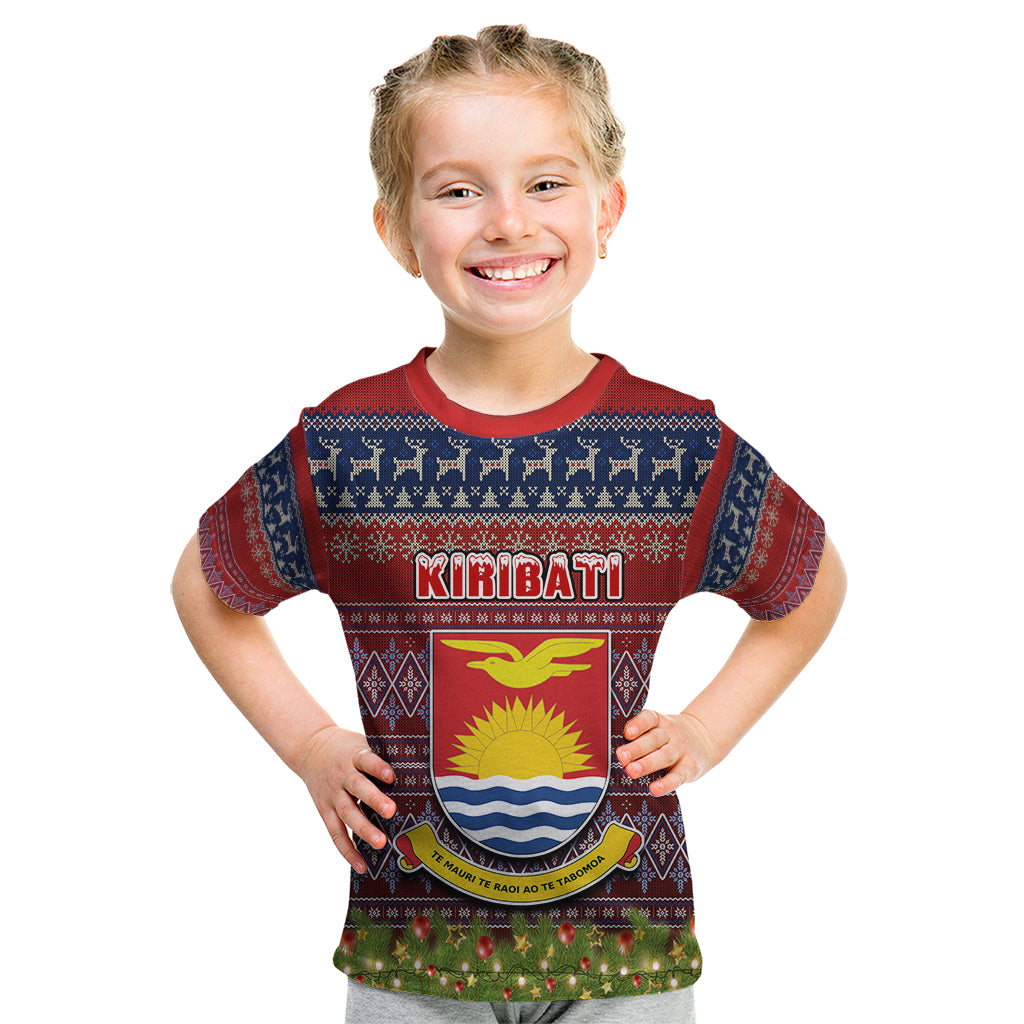 Personalised Kiribati Christmas Kid T Shirt Coat of Arms and Map Beautiful Merry Xmas Snowflake LT03 Red - Polynesian Pride