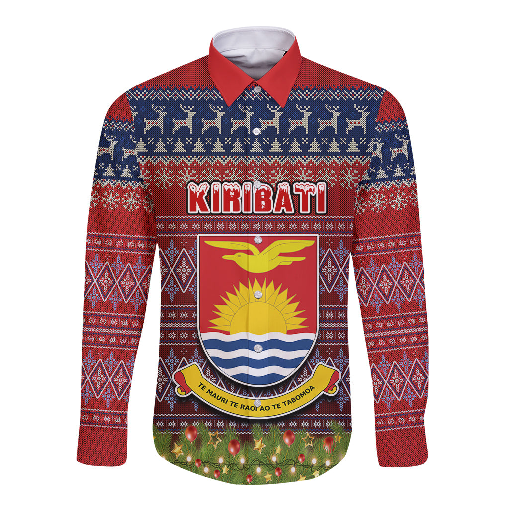 personalised-kiribati-christmas-long-sleeve-button-shirt-coat-of-arms-and-map-beautiful-merry-xmas-snowflake