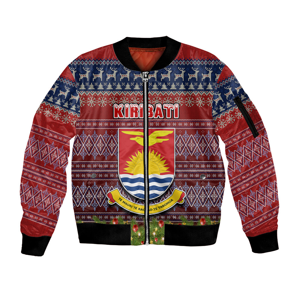 Personalised Kiribati Christmas Sleeve Zip Bomber Jacket Coat of Arms and Map Beautiful Merry Xmas Snowflake LT03 Unisex Red - Polynesian Pride