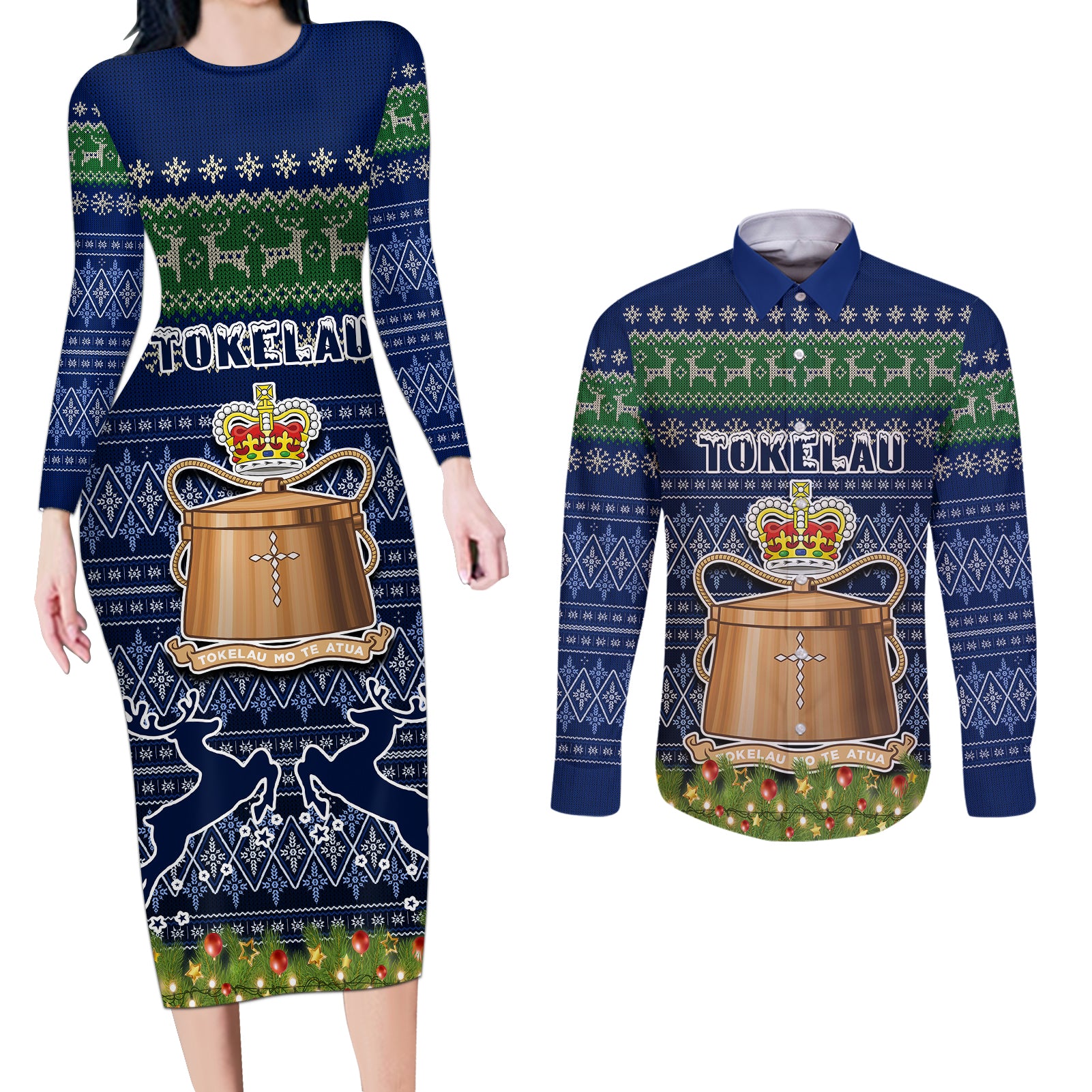 tokelau-christmas-couples-matching-long-sleeve-bodycon-dress-and-long-sleeve-button-shirts-coat-of-arms-and-map-beautiful-merry-xmas-snowflake