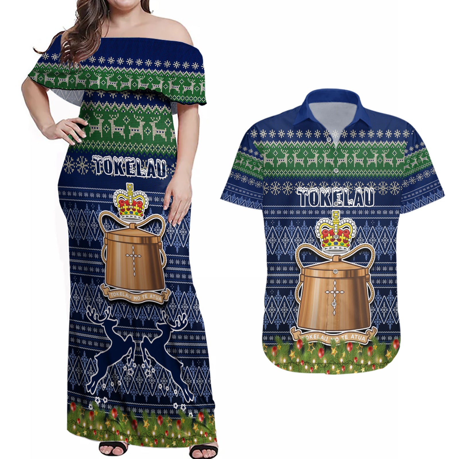 tokelau-christmas-couples-matching-off-shoulder-maxi-dress-and-hawaiian-shirt-coat-of-arms-and-map-beautiful-merry-xmas-snowflake