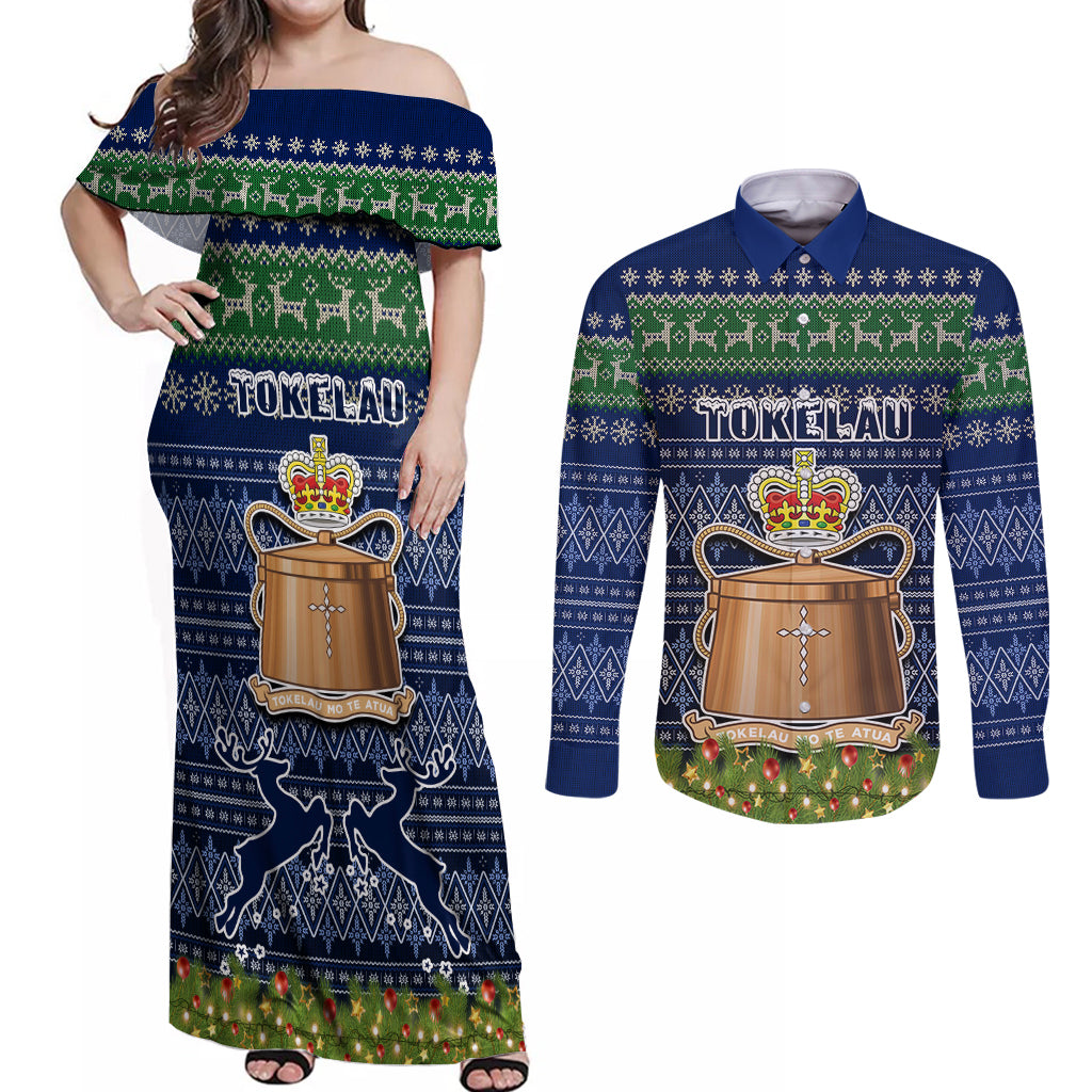 tokelau-christmas-couples-matching-off-shoulder-maxi-dress-and-long-sleeve-button-shirts-coat-of-arms-and-map-beautiful-merry-xmas-snowflake