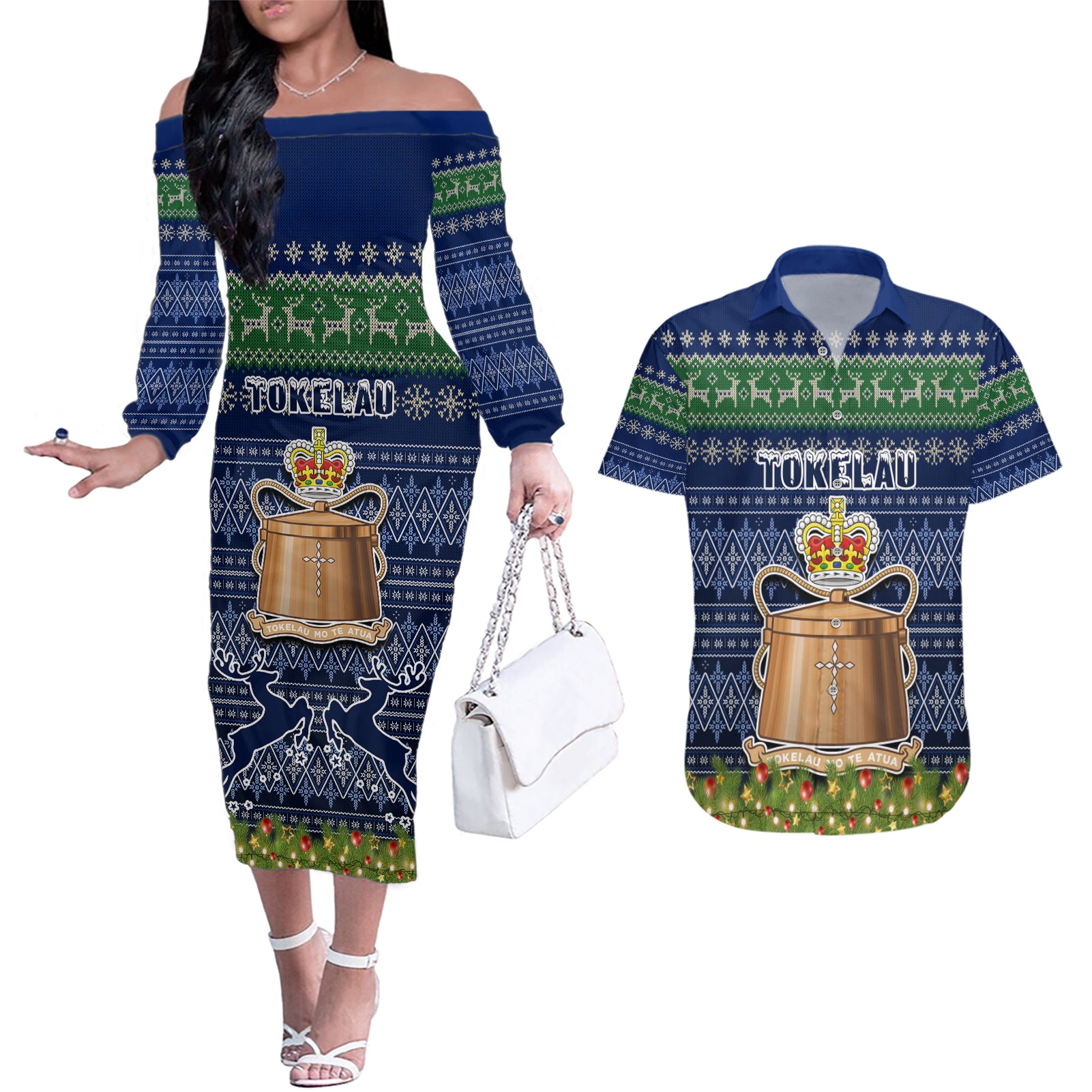 tokelau-christmas-couples-matching-off-the-shoulder-long-sleeve-dress-and-hawaiian-shirt-coat-of-arms-and-map-beautiful-merry-xmas-snowflake