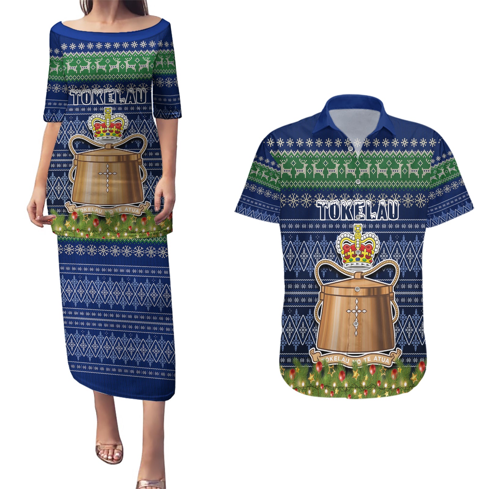 tokelau-christmas-couples-matching-puletasi-dress-and-hawaiian-shirt-coat-of-arms-and-map-beautiful-merry-xmas-snowflake