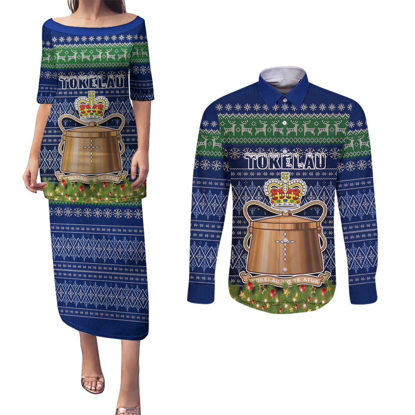 tokelau-christmas-couples-matching-puletasi-dress-and-long-sleeve-button-shirts-coat-of-arms-and-map-beautiful-merry-xmas-snowflake