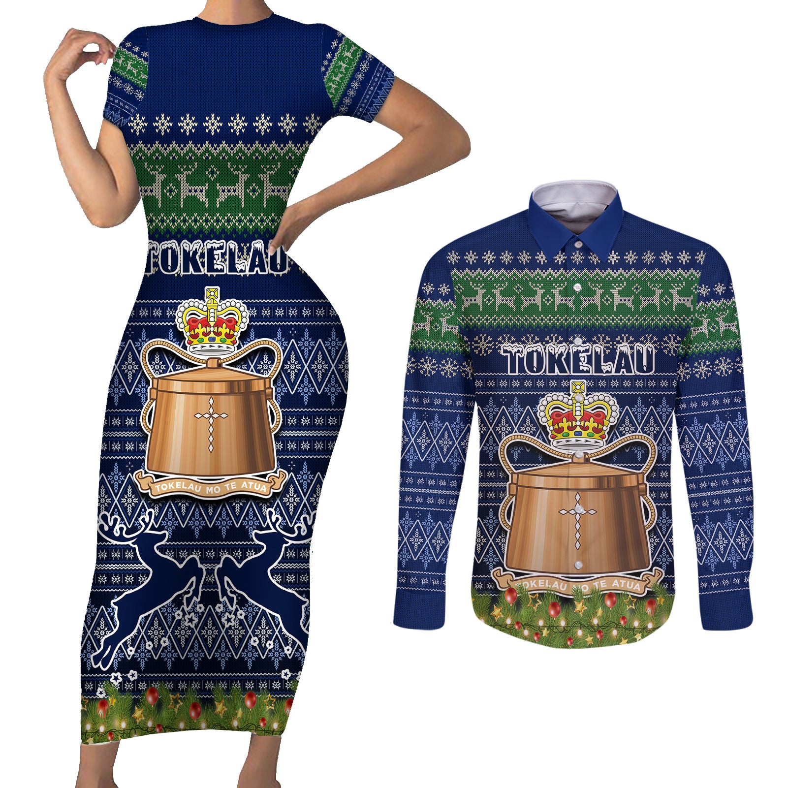 tokelau-christmas-couples-matching-short-sleeve-bodycon-dress-and-long-sleeve-button-shirts-coat-of-arms-and-map-beautiful-merry-xmas-snowflake