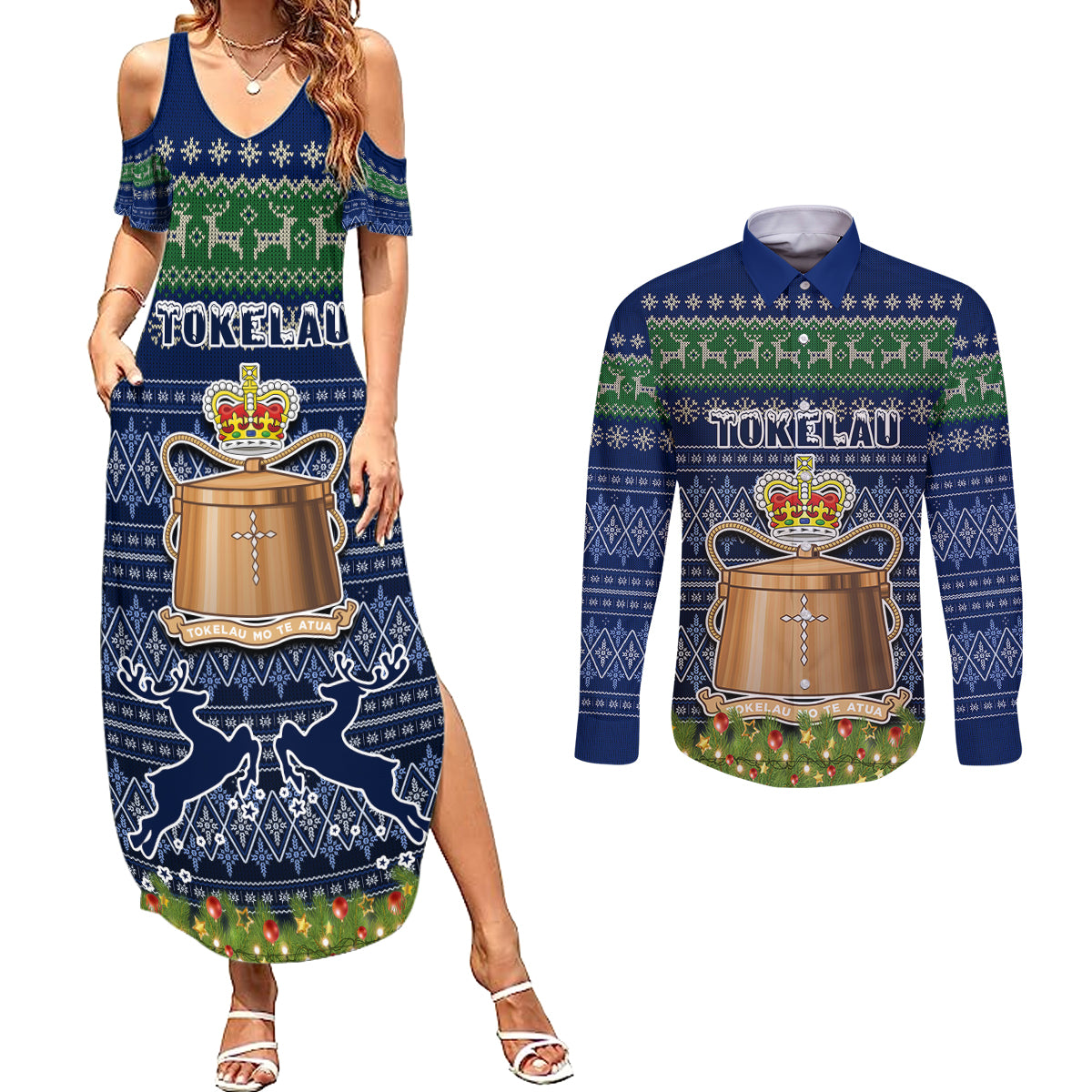 tokelau-christmas-couples-matching-summer-maxi-dress-and-long-sleeve-button-shirts-coat-of-arms-and-map-beautiful-merry-xmas-snowflake