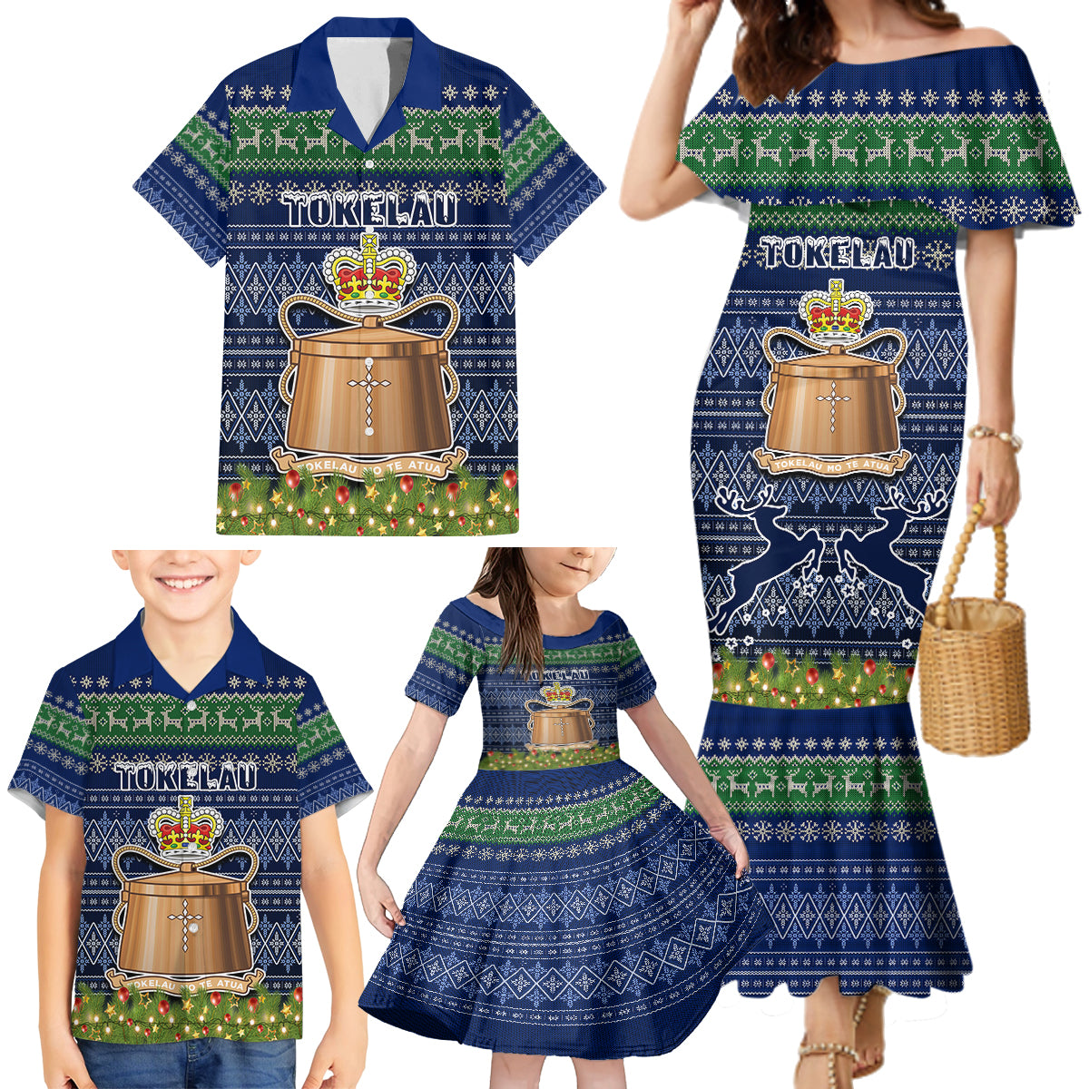 tokelau-christmas-family-matching-mermaid-dress-and-hawaiian-shirt-coat-of-arms-and-map-beautiful-merry-xmas-snowflake